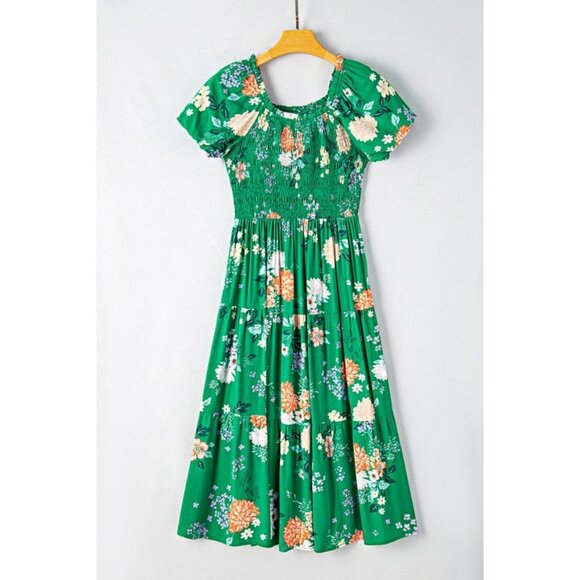 Green Floral Smocked Puff Sleeve Midi Dress For Women - Picture 8 of 12